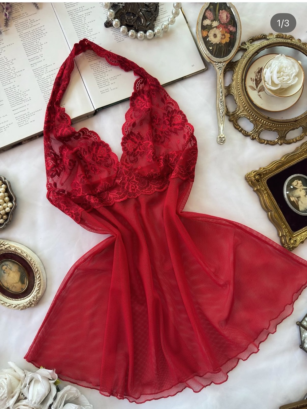 Victoria's Secret Red Lace /Mesh Halter Babydoll Chemise M